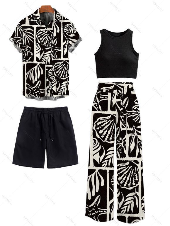 Vacation Couple Outfit Padded Cropped Tank Top Monochrome Shell Leaf Print Belt Pants and Shirt Shorts Set - Noir S | US 4