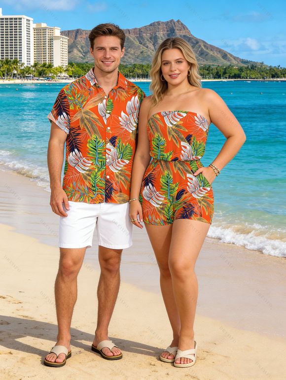 Hawaii Vacation Couple Outfit Colorblock Tropical Palm Leaf Print Pocket Off the Shoulder Romper and Shirt Set - Orange S | US 4