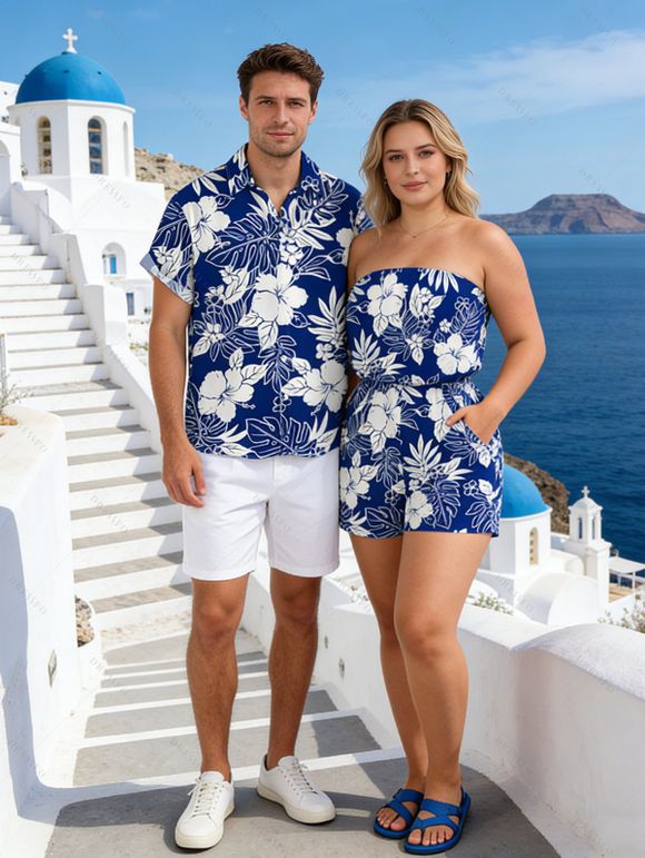 Hawaii Vacation Couple Outfit Sketch Hibiscus Floral Monstera Leaf Print Pocket Off the Shoulder Romper and Shirt Set - Bleu S | US 4