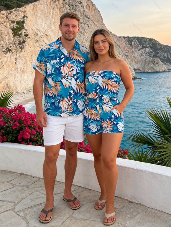 Hawaii Vacation Couple Outfit for Beach Colorblock Tropical Monstera Leaf Print Pocket Off the Shoulder Romper and Shirt Set - Bleu Toile de Jean S | US 4