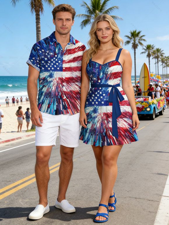 Independence Day Couple Outfit Radial Dynamic American Flag Star Stripe Print Ruched Bust Belt Dress and Shirt Patriotic Set - multicolor A S | US 4