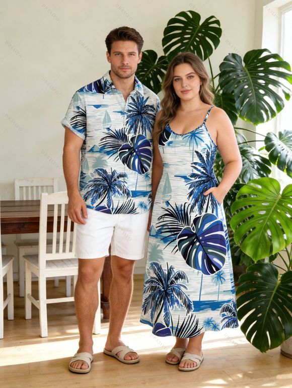 Hawaii Vacation Couple Outfit Coconut Tree Monstera Leaf Coastal Print Pocket Long Dress and Shirt Beach Set - Bleu S | US 4