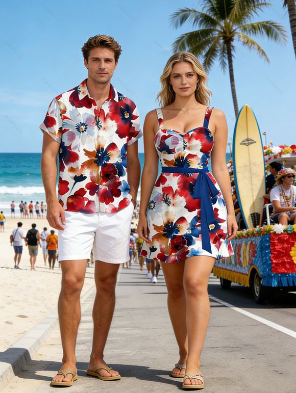 French Artist Style Couple Outfit Colorblock Watercolor Floral Pattern Ruched Bust Belt Dress and Shirt Set - multicolor A S | US 4