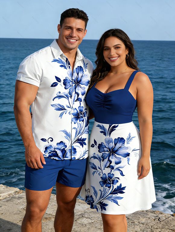 Vacation Couple Outfit Colorblock Leaf Floral Scroll Pattern Dress and Shirt Set - Bleu profond S | US 4