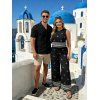 Vintage Vacation Couple Outfit Ethnic Print Tank Top Wide Leg Pants and Geometric Hollow Out Shirt Set - BLACK S | US 4