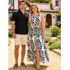 Vacation Couple Outfit Tropical Leaf Print Mock Button Belt Slit Maxi Dress and Geometric Hollow Out Shirt Set - Noir S | US 4