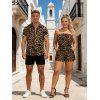 Vacation Couple Outfit Leopard Pattern Pocket Off the Shoulder Romper and Roll Up Sleeve Shirt Set - marron foncé S | US 4