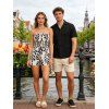 Vacation Couple Outfit Leaf Silhouette Print Smocked Tied Off the Shoulder Romper and Geometric Hollow Out Shirt Set - Noir S | US 4