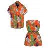 Hawaii Vacation Couple Outfit Colorblock Tropical Palm Leaf Print Pocket Off the Shoulder Romper and Shirt Set - Orange S | US 4