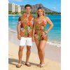 Hawaii Vacation Couple Outfit Colorblock Tropical Palm Leaf Print Pocket Off the Shoulder Romper and Shirt Set - Orange S | US 4