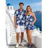 Hawaii Vacation Couple Outfit Sketch Hibiscus Floral Monstera Leaf Print Pocket Off the Shoulder Romper and Shirt Set - Bleu S | US 4