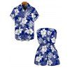 Hawaii Vacation Couple Outfit Sketch Hibiscus Floral Monstera Leaf Print Pocket Off the Shoulder Romper and Shirt Set - Bleu S | US 4