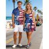 Independence Day Couple Outfit Radial Dynamic American Flag Star Stripe Print Ruched Bust Belt Dress and Shirt Patriotic Set - multicolor A S | US 4