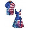 Independence Day Couple Outfit Radial Dynamic American Flag Star Stripe Print Ruched Bust Belt Dress and Shirt Patriotic Set - multicolor A S | US 4