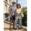 Ethnic Style Couple Outfit Textured Padded Cropped Tank Top Botanical Print Belt Pants and Shirt Shorts Set - Bleu gris S | US 4