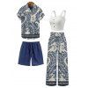 Ethnic Style Couple Outfit Textured Padded Cropped Tank Top Botanical Print Belt Pants and Shirt Shorts Set - Bleu gris S | US 4