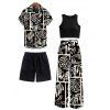 Vacation Couple Outfit Padded Cropped Tank Top Monochrome Shell Leaf Print Belt Pants and Shirt Shorts Set - Noir S | US 4