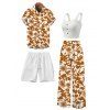 Vacation Couple Outfit Padded Cropped Tank Top Botanical Silhouette Print Belt Pants and Shirt Shorts Set - Brun Légère S | US 4