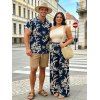 Vacation Couple Outfit Skew Neck Tank Top Botanical Silhouette Print Belt Pants and Shirt Shorts Set - Bleu de Minuit S | US 4