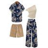 Vacation Couple Outfit Skew Neck Tank Top Botanical Silhouette Print Belt Pants and Shirt Shorts Set - Bleu de Minuit S | US 4