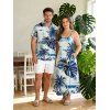Hawaii Vacation Couple Outfit Coconut Tree Monstera Leaf Coastal Print Pocket Long Dress and Shirt Beach Set - Bleu S | US 4