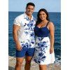 Vacation Couple Outfit Colorblock Leaf Floral Scroll Pattern Dress and Shirt Set - Bleu profond S | US 4