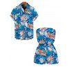 Hawaii Vacation Couple Outfit for Beach Colorblock Tropical Monstera Leaf Print Pocket Off the Shoulder Romper and Shirt Set - DENIM BLUE S | US 4