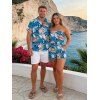 Hawaii Vacation Couple Outfit for Beach Colorblock Tropical Monstera Leaf Print Pocket Off the Shoulder Romper and Shirt Set - DENIM BLUE S | US 4