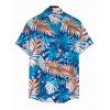 Hawaii Vacation Couple Outfit for Beach Colorblock Tropical Monstera Leaf Print Pocket Off the Shoulder Romper and Shirt Set - DENIM BLUE S | US 4