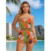 Hawaii Vacation Couple Outfit Colorblock Tropical Palm Leaf Print Pocket Off the Shoulder Romper and Shirt Set - ORANGE S | US 4