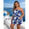 Hawaii Vacation Couple Outfit Sketch Hibiscus Floral Monstera Leaf Print Pocket Off the Shoulder Romper and Shirt Set - BLUE S | US 4