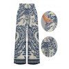 Vintage Wide Leg Pants Botanical Ethnic Print Pocket Long Belt Pants - Bleu gris XXL | US 14