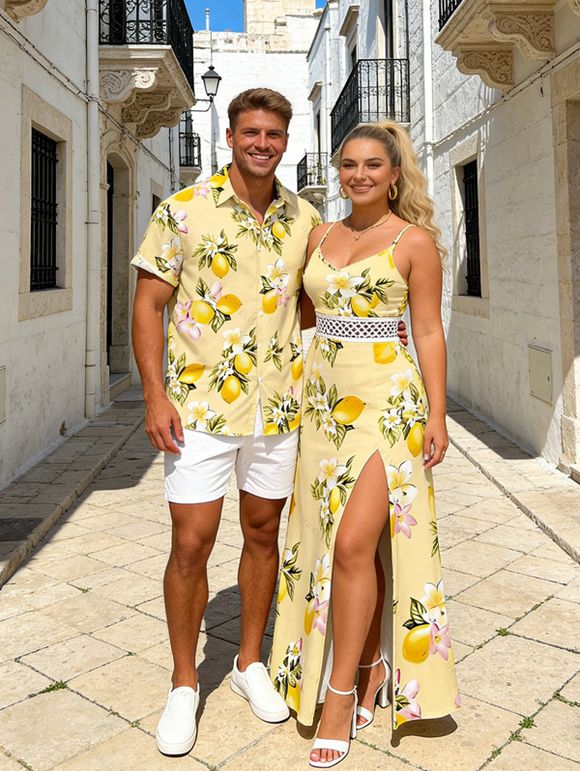Fresh Style Vacation Couple Outfit Lemon Plumeria Floral Pattern Lace Hollow Out Slit Dress and Shirt Set - Jaune clair S | US 4