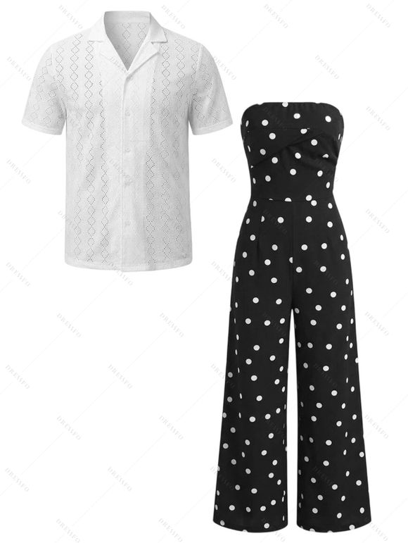 Vintage Vacation Couple Outfit Polka Dots Print Ruched Off the Shoulder Wide Leg Jumpsuit and Geometric Hollow Out Shirt Set - BLACK S | US 4