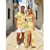 Fresh Style Vacation Couple Outfit Lemon Plumeria Floral Pattern Lace Hollow Out Slit Dress and Shirt Set - Jaune clair S | US 4