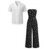 Vintage Vacation Couple Outfit Polka Dots Print Ruched Off the Shoulder Wide Leg Jumpsuit and Geometric Hollow Out Shirt Set - BLACK S | US 4