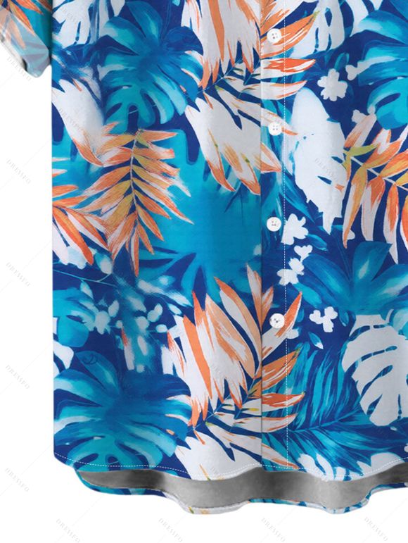 Hawaii Vacation Couple Outfit for Beach Colorblock Tropical Monstera Leaf Print Pocket Off the Shoulder Romper and Shirt Set - DENIM BLUE S | US 4