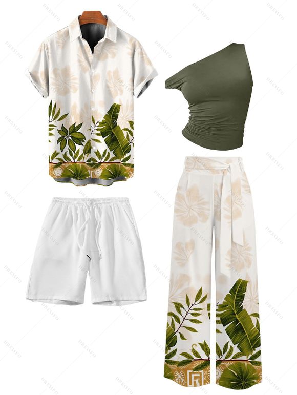 Vacation Couple Outfit Skew Neck Tank Top Tropical Banana Leaf Print Belt Pants and Shirt Shorts Set - WHITE S | US 4