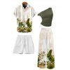Vacation Couple Outfit Skew Neck Tank Top Tropical Banana Leaf Print Belt Pants and Shirt Shorts Set - WHITE S | US 4
