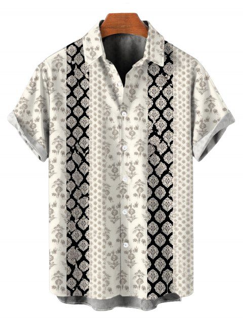 Men's Ethnic Style Shirt Damask Stripe Print Roll Up Sleeve Button Up Shirt