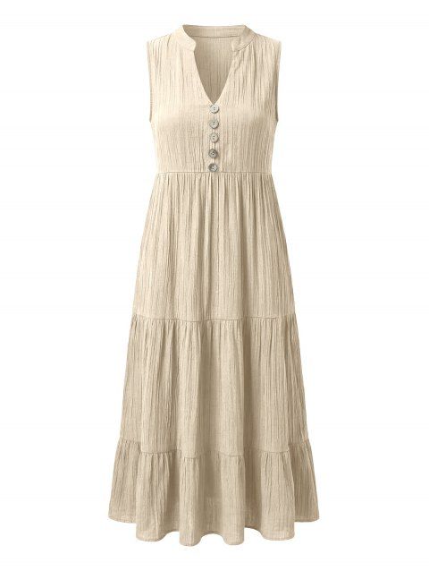 Robe unie à col montant cranté en V et faux boutons froncés.