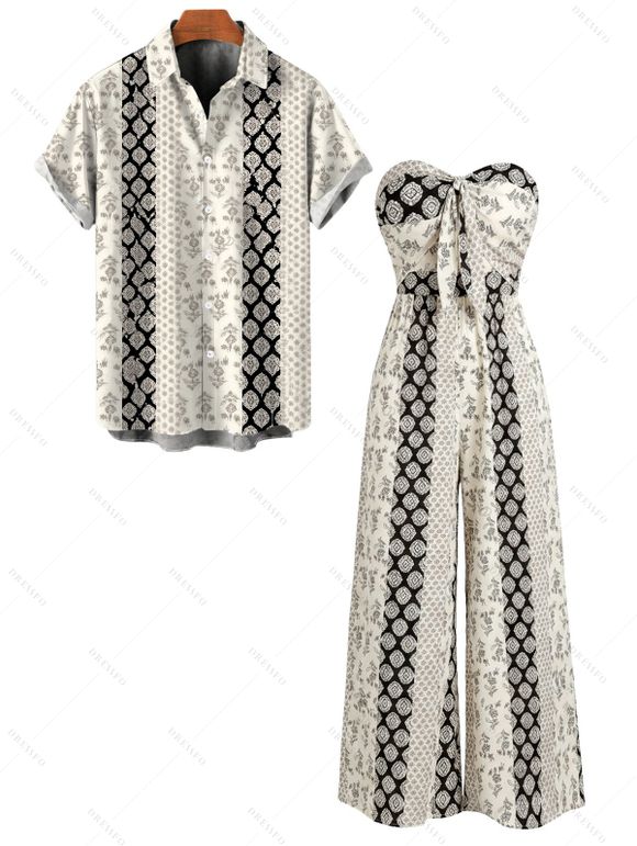 Bohemian Ethnic Style Couple Outfit Damask Stripe Print Tied Off the Shoulder Wide Leg Jumpsuit and Shirt Set - Noir S | US 4