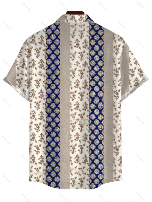 Men's Ethnic Style Shirt Damask Stripe Print Roll Up Sleeve Button Up Shirt - Cadetblue XL