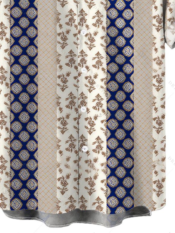 Men's Ethnic Style Shirt Damask Stripe Print Roll Up Sleeve Button Up Shirt - Cadetblue XL