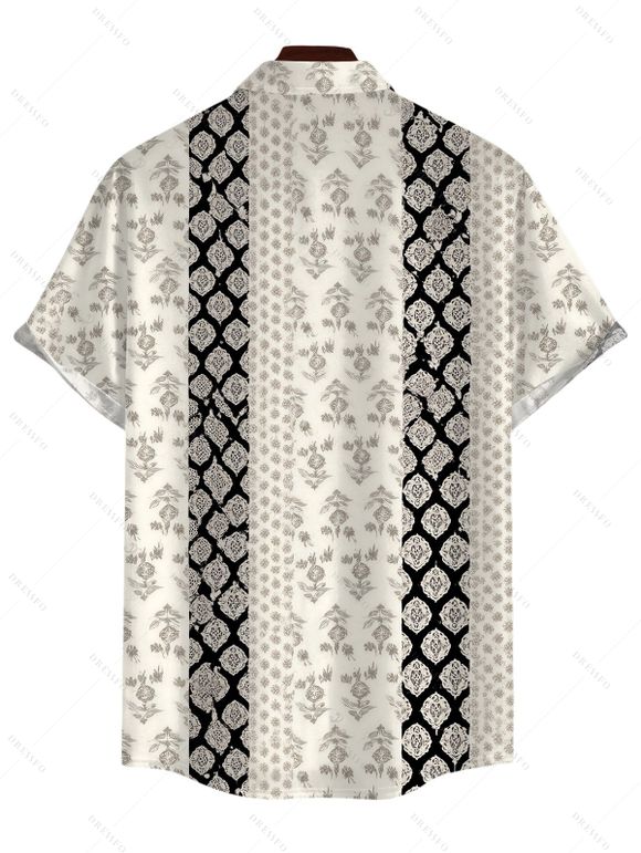 Men's Ethnic Style Shirt Damask Stripe Print Roll Up Sleeve Button Up Shirt - Noir 5XL