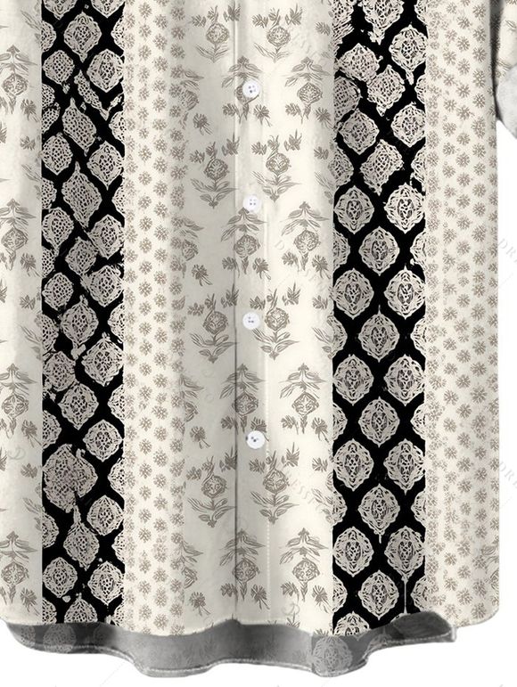 Men's Ethnic Style Shirt Damask Stripe Print Roll Up Sleeve Button Up Shirt - Noir 5XL