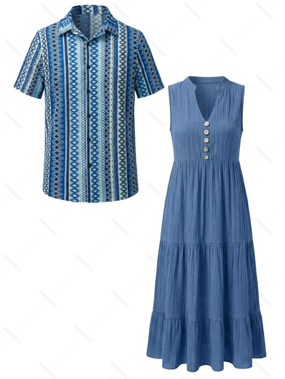 Bohemian Ethnic Couple Outfit Solid Color V Notched Stand-up Collar Ruched Dress and Striped Print Shirt Set - Bleu S | US 4