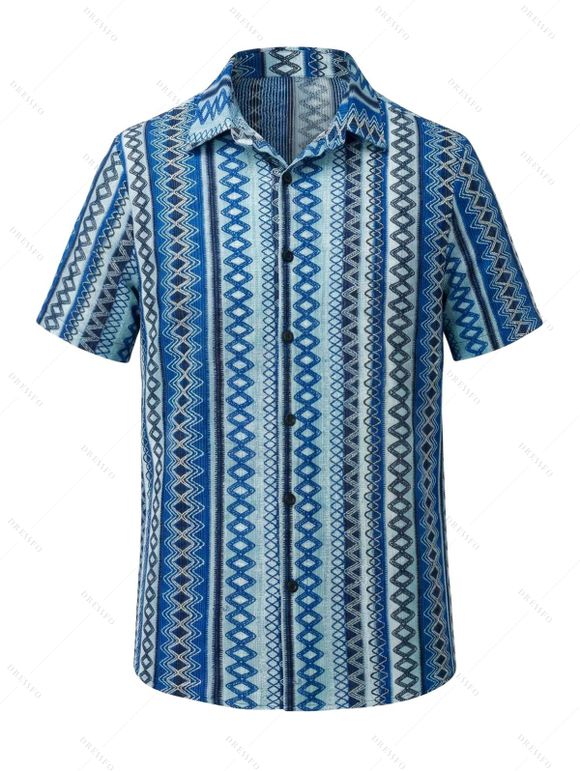 Bohemian Ethnic Couple Outfit Solid Color V Notched Stand-up Collar Ruched Dress and Striped Print Shirt Set - Bleu S | US 4