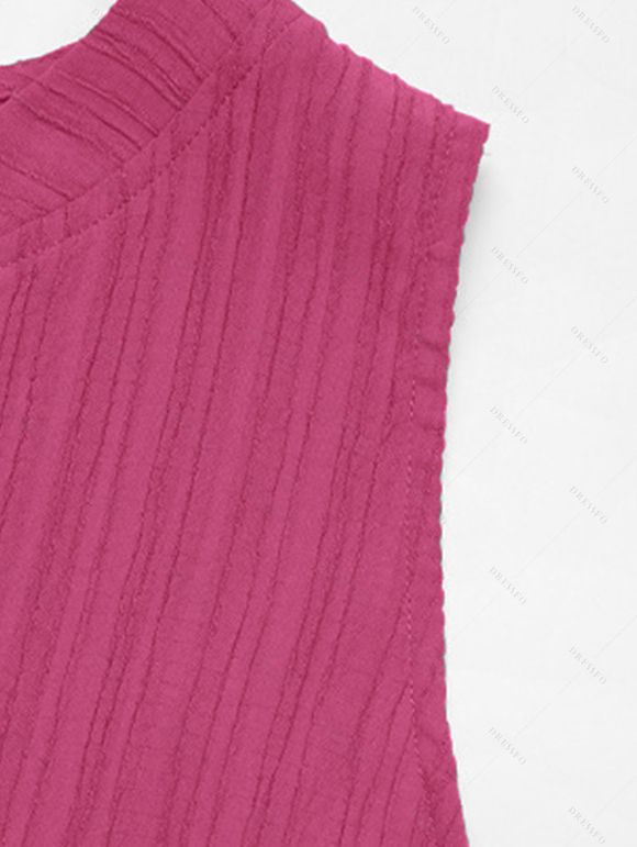 Solid Color Dress V Notched Stand-up Collar Ruched Mock Button Tiered Dress - Rose Vif XL | US 12