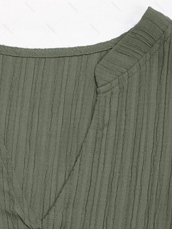 Solid Color Dress V Notched Stand-up Collar Ruched Mock Button Tiered Dress - Vert clair L | US 8-10